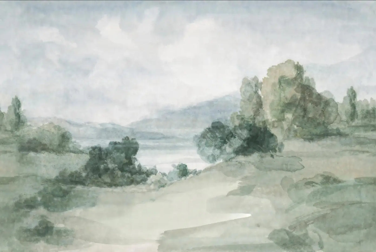 Papier peint panoramique Vallée aquarelle rêveuse : vue à plat du motif, montagnes et vallée vert-de-gris à l'aquarelle