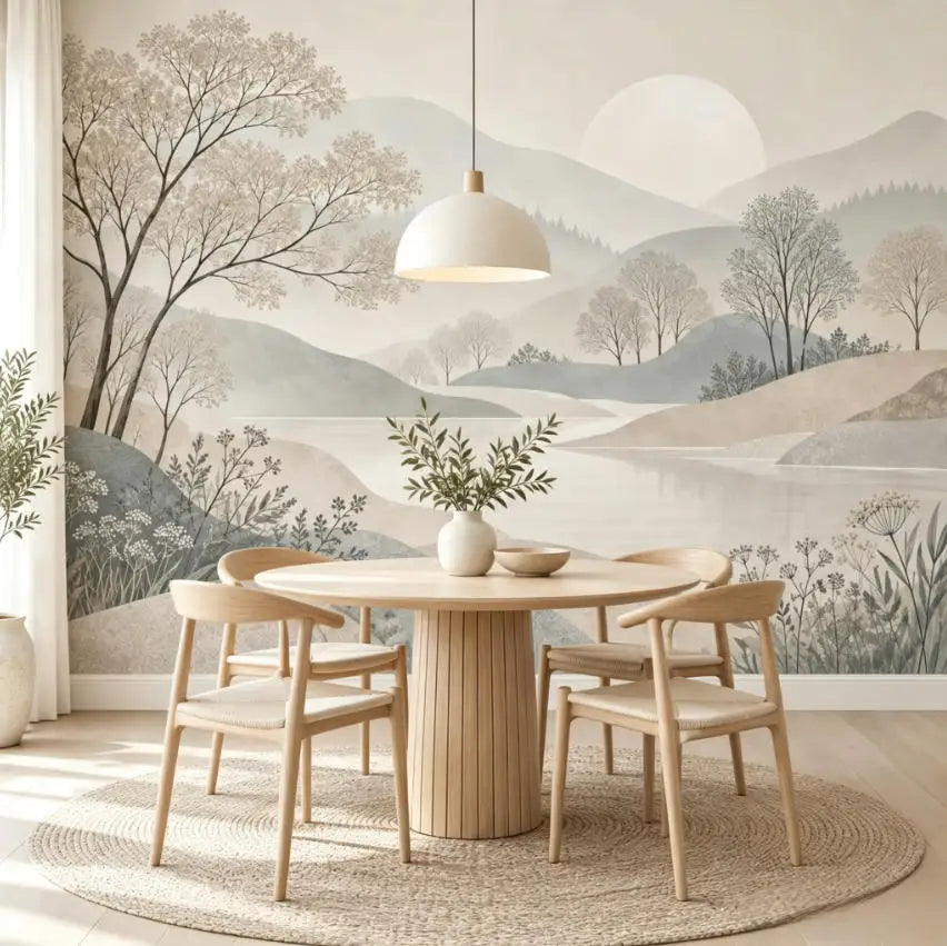 Papier peint panoramique Collines japandi aquarelle : collines, lac et arbres stylisés à l'aquarelle beige et taupe, posé dans une salle à manger