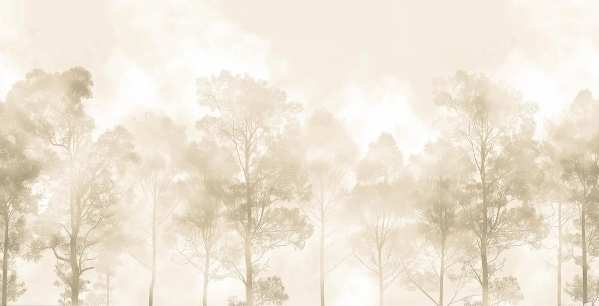 Papier peint panoramique Rangée d'arbres dans la brume dorée : vue à plat, rangée d'arbres dans une brume dorée couleur sable