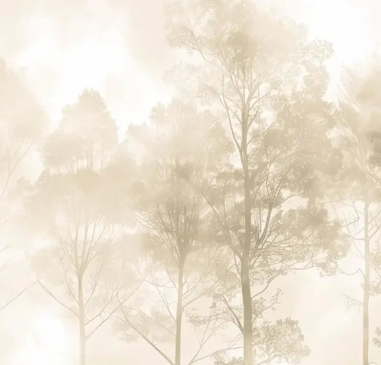 Papier peint panoramique Rangée d'arbres dans la brume dorée : détail du motif, cimes sable