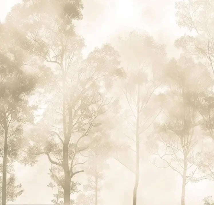 Papier peint panoramique Rangée d'arbres dans la brume dorée : détail du motif, arbres dans la brume dorée