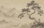 Papier peint panoramique Pin et montagnes à l'encre sépia : vue du motif, pin tortueux au premier plan, crêtes et vallées à l'encre sur fond sépia