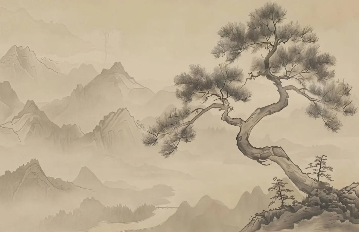 Papier peint panoramique Pin et montagnes à l'encre sépia : vue du motif, pin tortueux au premier plan, crêtes et vallées à l'encre sur fond sépia