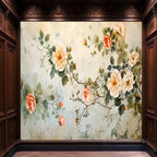 Papier peint panoramique Roses anciennes et branches fleuries : roses anciennes peintes encadrées de boiseries