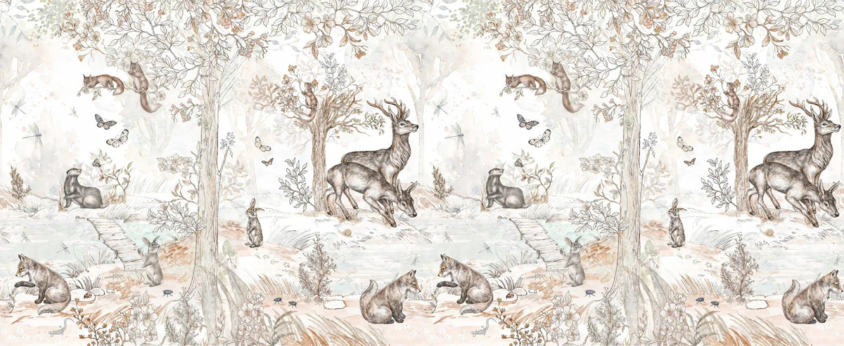 Papier peint panoramique Animaux de la forêt aquarelle : vue d'ensemble du panoramique, animaux de la forêt à l'aquarelle dans un sous-bois crème