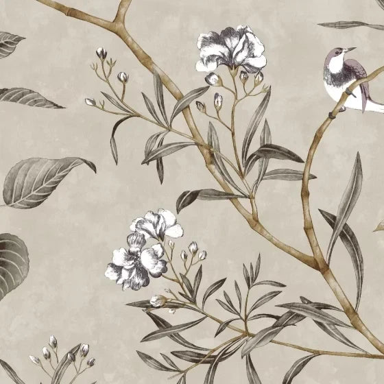 Papier peint panoramique Branches fruitières et oiseaux lin : détail du motif, fleurs blanches et oiseau sur une branche