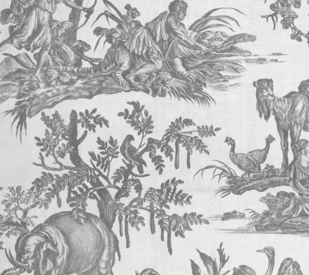 Papier peint panoramique Toile de Jouy gris perle : détail du motif, éléphant, dromadaire et oiseaux en gris perle