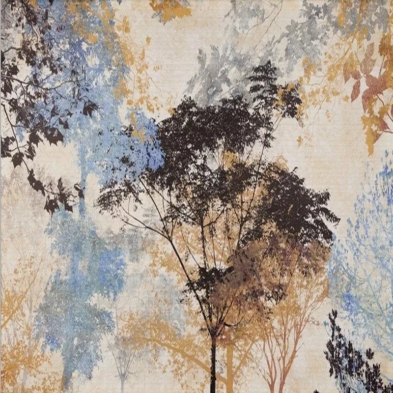 Papier peint panoramique Arbres peints bleu et ocre : vue du motif, arbre brun et feuillages bleus, ocre et rouille sur fond lin patiné