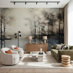 Papier peint panoramique Forêt et lac à l'encre : forêt et lac à l'encre dans un grand salon, fauteuils bouclette et canapé vert olive