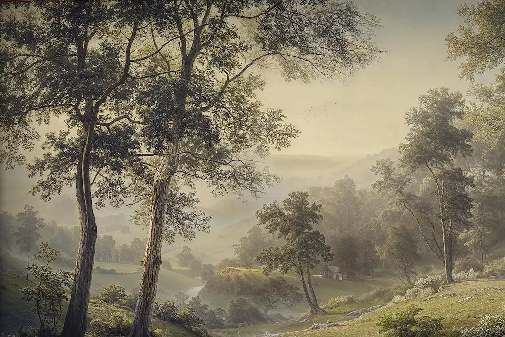 Papier peint panoramique Vallée verdoyante au petit matin, peinture ancienne : vue du motif, grands arbres, prairie et ruisseau, lointains dans la lumière du matin