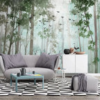 Papier peint panoramique Forêt aquarelle vert d'eau et cerfs : forêt aquarelle vert d'eau derrière un canapé gris