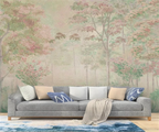 Papier peint panoramique Sous-bois fleuri vintage : forêt peinte aux feuillages vieux rose et vert passé, posé dans un salon