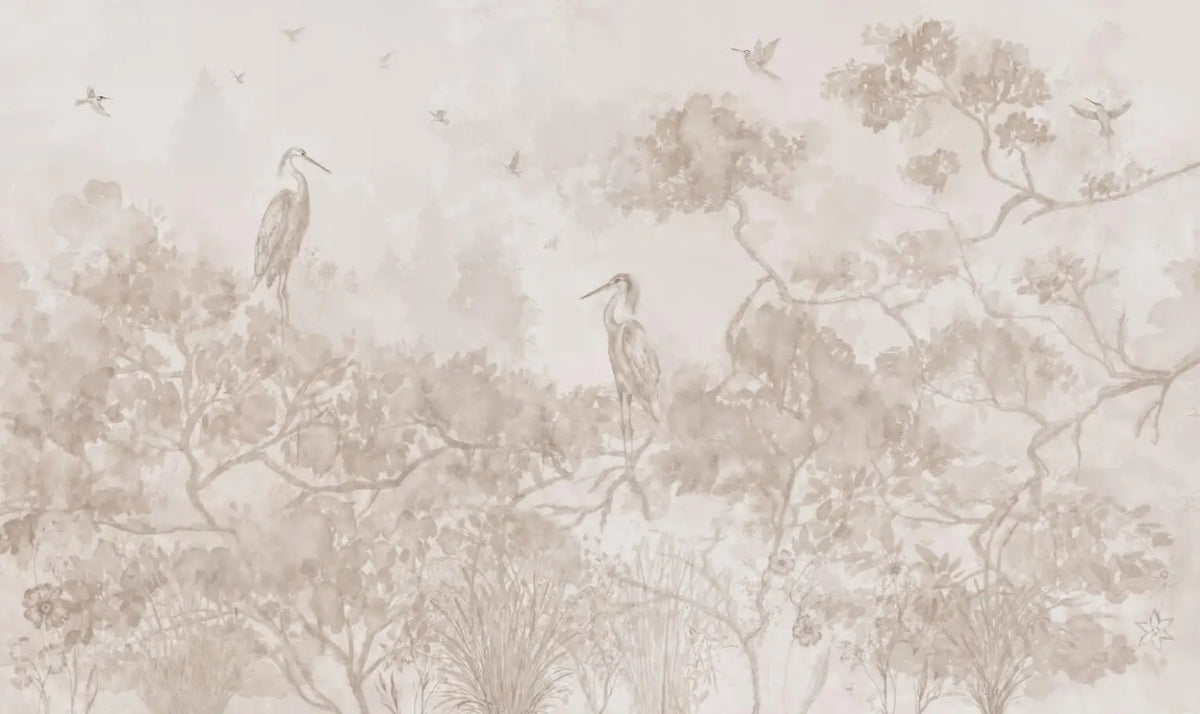 Papier peint panoramique Hérons dans les arbres fleuris lin : vue à plat, hérons perchés dans des arbres fleuris, en lin et rose pâle
