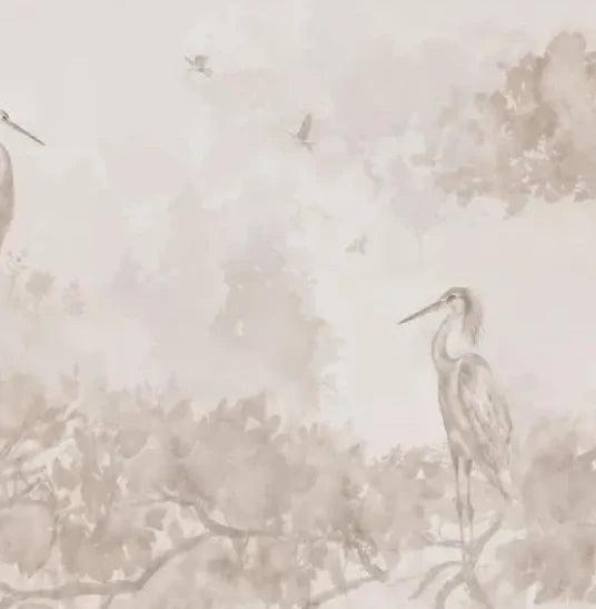 Papier peint panoramique Hérons dans les arbres fleuris lin : détail du motif, héron perché