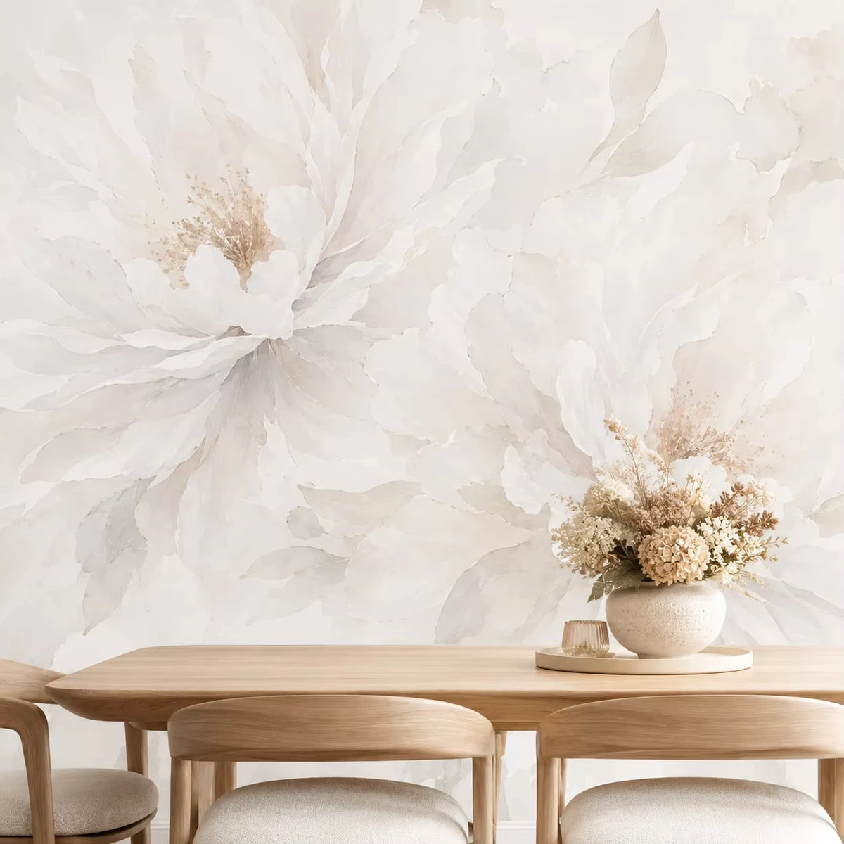 Papier peint panoramique Pivoines ivoire : pivoines ivoire derrière une table en bois et un bouquet de fleurs séchées