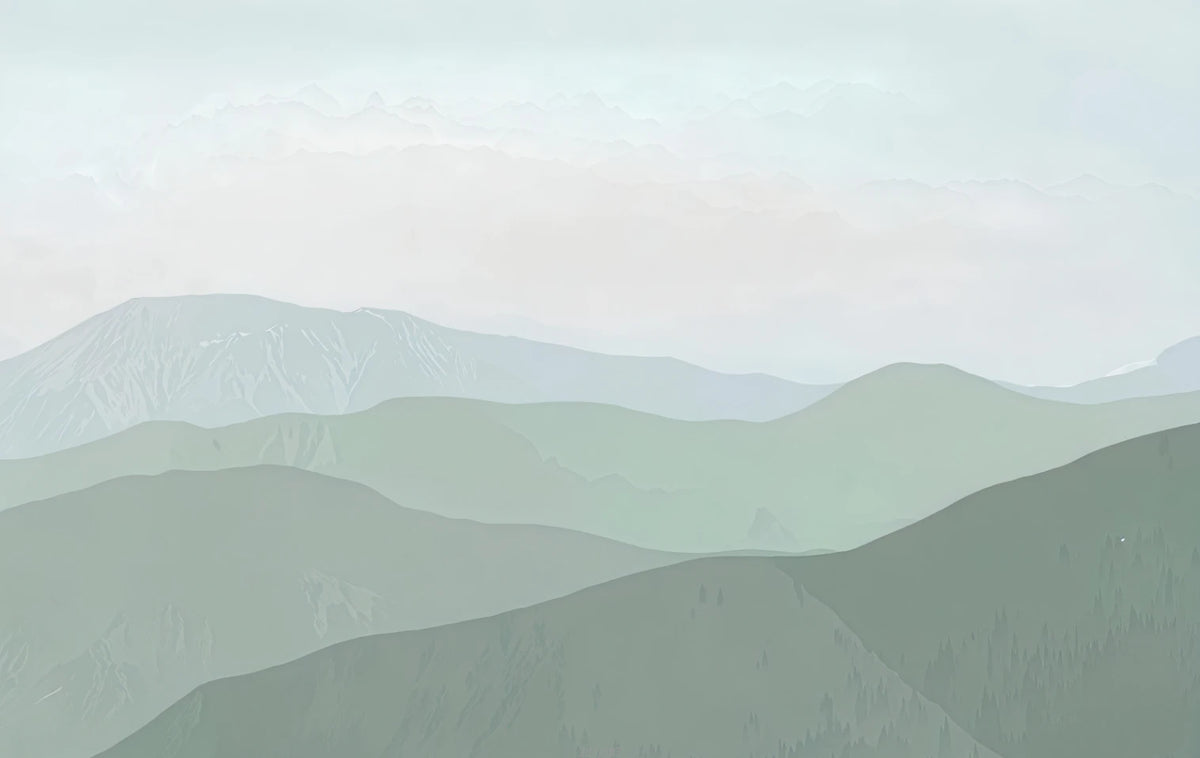 Papier peint panoramique Collines vert sauge minimalistes : vue à plat, collines superposées en camaïeu vert sauge sous un ciel blanc cassé
