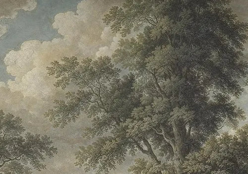 Papier peint panoramique Sous-bois et clairière, peinture ancienne : détail du motif, trouée de ciel entre les feuillages