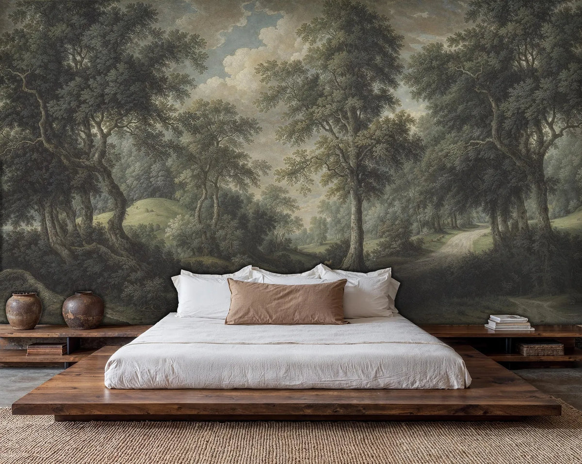 Papier peint panoramique Sous-bois et clairière, peinture ancienne : sous-bois et clairière sous un ciel nuageux, derrière un lit bas en bois aux draps blancs