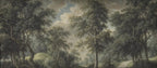 Papier peint panoramique Sous-bois et clairière, peinture ancienne : vue du motif, grands arbres, clairière et chemin sous un ciel nuageux