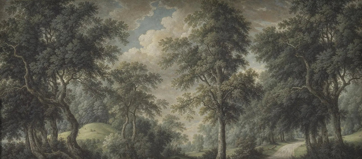Papier peint panoramique Sous-bois et clairière, peinture ancienne : vue du motif, grands arbres, clairière et chemin sous un ciel nuageux