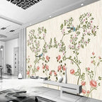 Papier peint panoramique Roses grimpantes et oiseaux crème : roses grimpantes et oiseaux crème dans un séjour