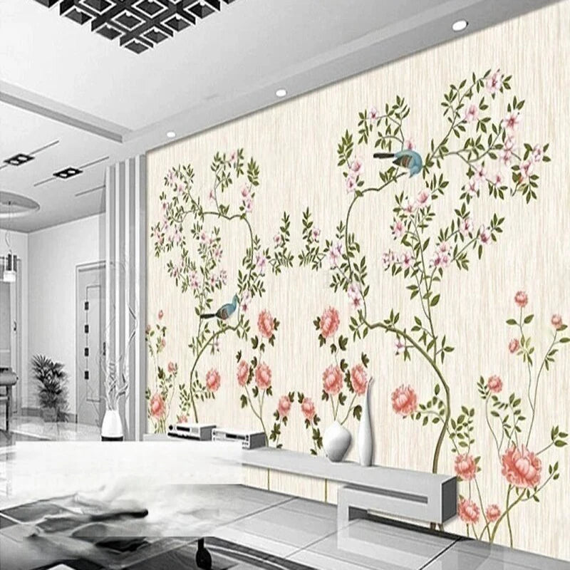 Papier peint panoramique Roses grimpantes et oiseaux crème : roses grimpantes et oiseaux crème dans un séjour