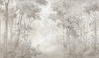 Papier peint panoramique Forêt dans la brume gris lin : vue à plat, grands arbres et sous-bois dans une brume gris lin