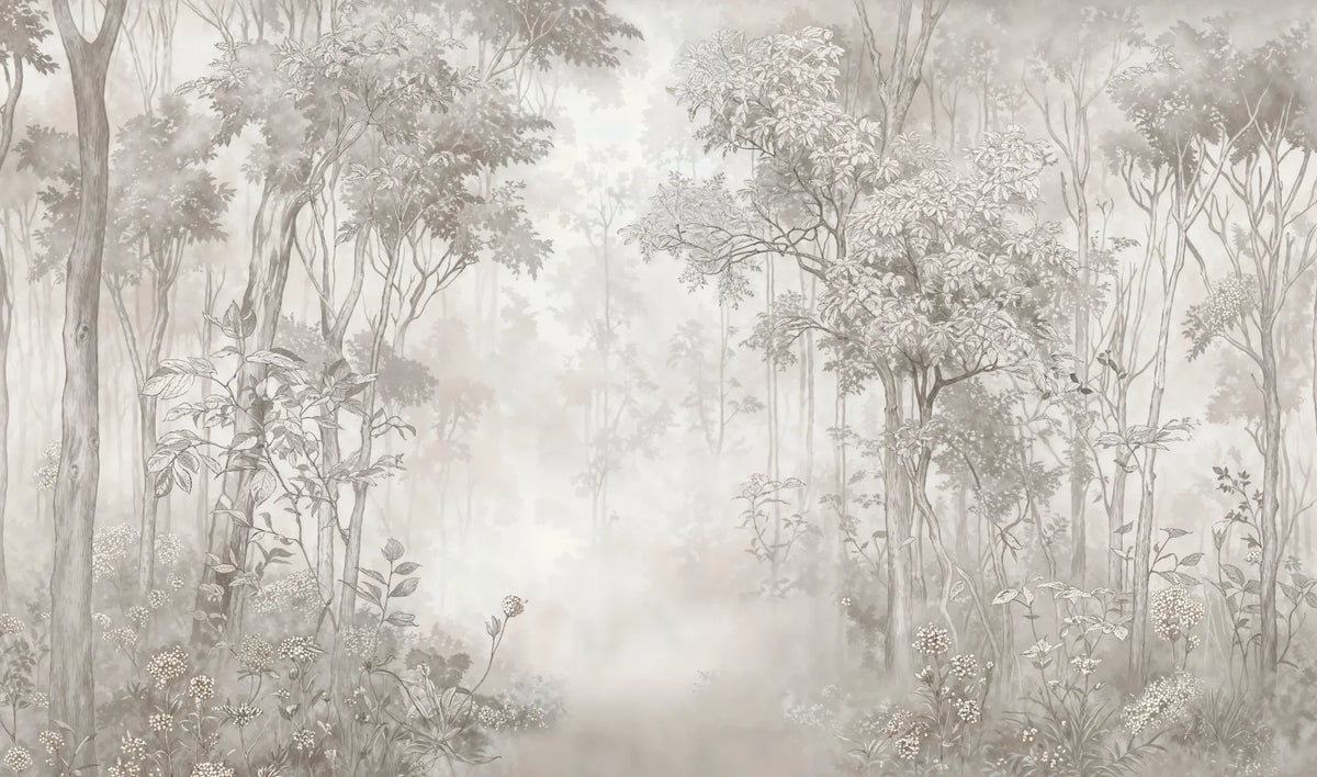 Papier peint panoramique Forêt dans la brume gris lin : vue à plat, grands arbres et sous-bois dans une brume gris lin