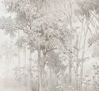 Papier peint panoramique Forêt dans la brume gris lin : détail du motif, feuillages dans la brume