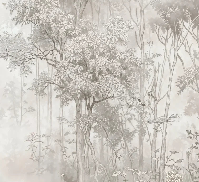 Papier peint panoramique Forêt dans la brume gris lin : détail du motif, feuillages dans la brume