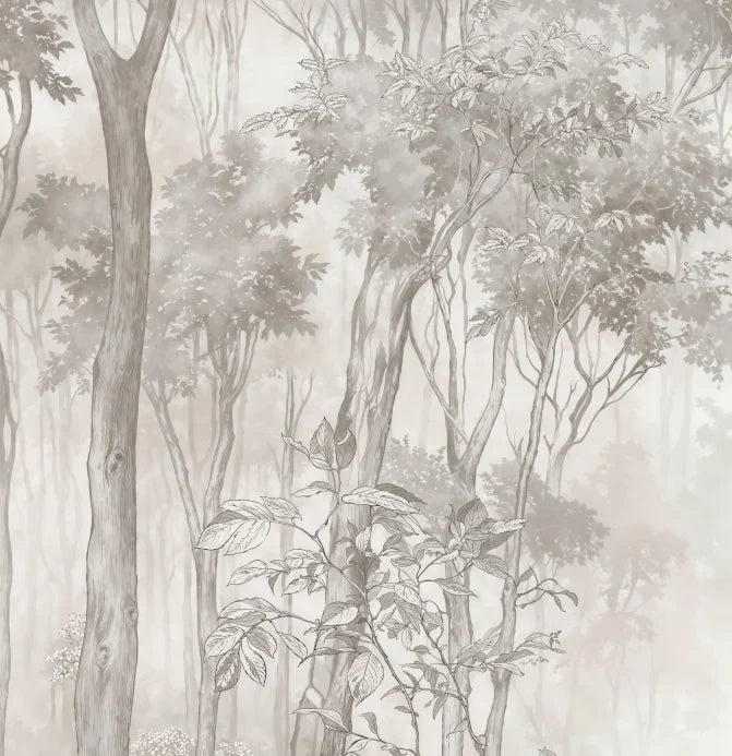 Papier peint panoramique Forêt dans la brume gris lin : détail du motif, grands arbres gris lin