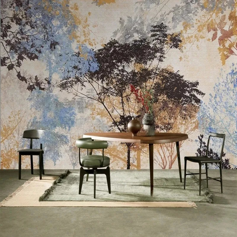 Papier peint panoramique Arbres peints bleu et ocre : arbres peints bleu et ocre dans une salle à manger