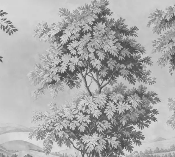 Papier peint panoramique Verdure ancienne gris perle : détail du motif, feuillages gris perle