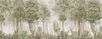 Papier peint panoramique Forêt vert olive et cerfs dans la brume : vue à plat, lisière de forêt vert olive dans une brume beige, cerf et biche au pied des arbres