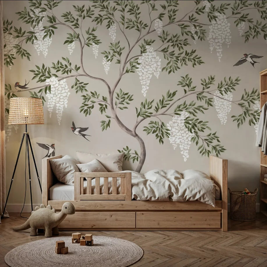 Papier peint panoramique Glycine et hirondelles lin : arbre de glycine blanche et hirondelles sur fond lin, posé dans une chambre d'enfant