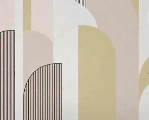 Papier peint panoramique Arches Art déco sable et sauge : détail du motif, arche rayée de fines lignes