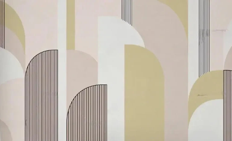 Papier peint panoramique Arches Art déco sable et sauge : vue du motif, arches en aplats sable, sauge pâle et rose poudré