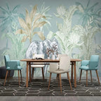 Papier peint panoramique Éléphant dans la jungle vert d'eau : éléphant dans la jungle vert d'eau derrière une table à manger