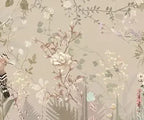 Papier peint panoramique Jardin sauvage à la huppe taupe : détail du motif, huppe perchée parmi les fleurs