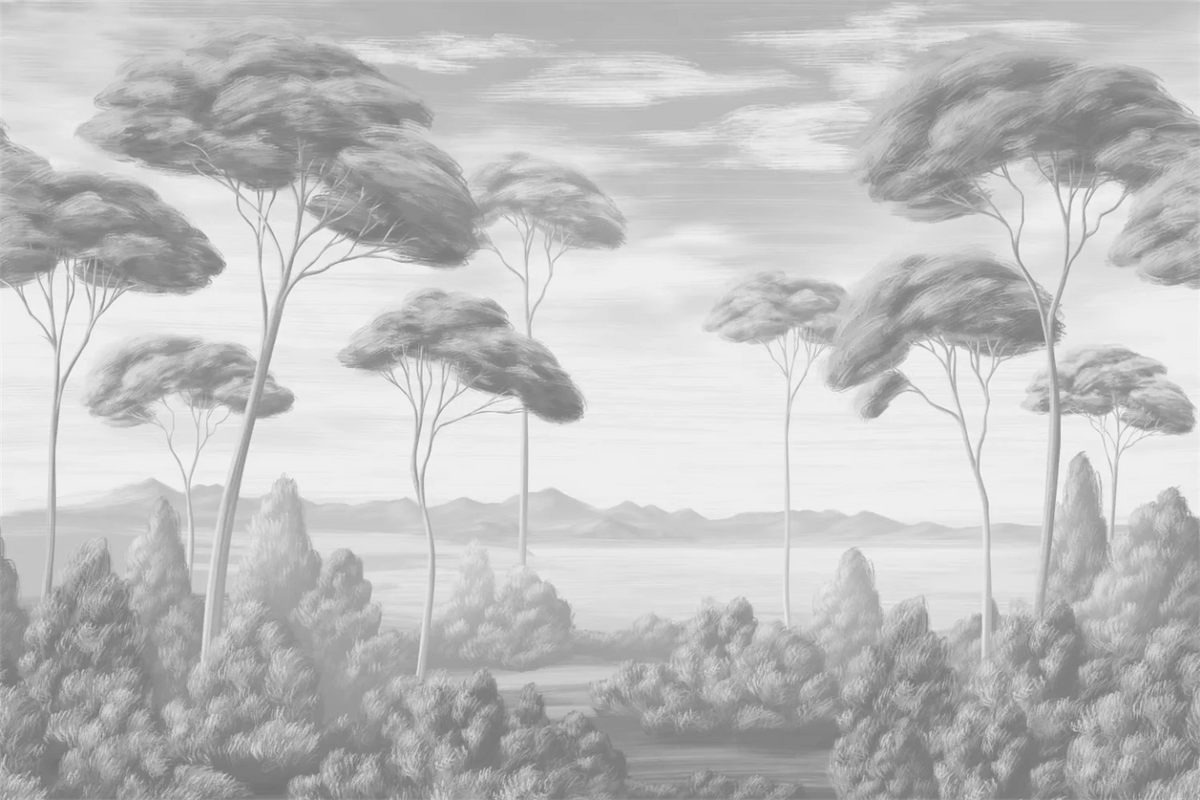 Papier peint panoramique Pins parasols peints gris perle : vue à plat, pins parasols, bosquets et lac en camaïeu de gris perle