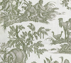 Papier peint panoramique Toile de Jouy vert sauge : détail du motif, éléphant, dromadaire et oiseaux en vert sauge