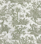 Papier peint panoramique Toile de Jouy vert sauge : vue du motif, scènes animées d'animaux, de palmiers et de personnages dessinées en vert sauge sur fond écru