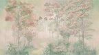 Papier peint panoramique Sous-bois fleuri vintage : vue à plat du motif, forêt peinte aux feuillages vieux rose et vert passé