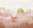 Papier peint panoramique Collines abstraites terracotta : vue à plat du motif, crêtes aquarelle rose poudré et terracotta, soleil ocre