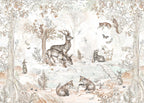 Papier peint panoramique Animaux de la forêt aquarelle : vue à plat du motif, animaux de la forêt à l'aquarelle dans un sous-bois crème
