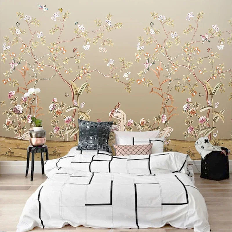 Papier peint panoramique Chinoiserie jardin fleuri sable : chinoiserie jardin fleuri sable dans une chambre