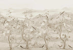Papier peint panoramique Chinoiserie oiseaux et arbres fleuris sable : vue à plat, arbres fleuris, oiseaux et collines estompées en camaïeu sable
