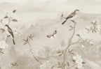Papier peint panoramique Chinoiserie oiseaux et arbres fleuris sable : détail du motif, oiseaux posés dans les branches fleuries
