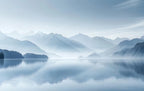 Papier peint panoramique Lac de montagne bleu brume : vue à plat du motif, montagnes voilées de brume et lac aux reflets bleu brume
