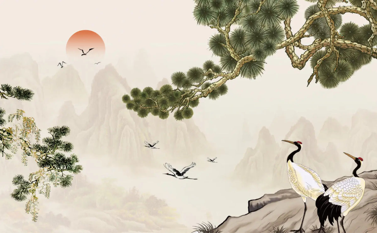 Papier peint panoramique Chinoiserie pins et grues sable : vue à plat, branches de pin, grues sur un rocher et montagnes estompées sur fond sable